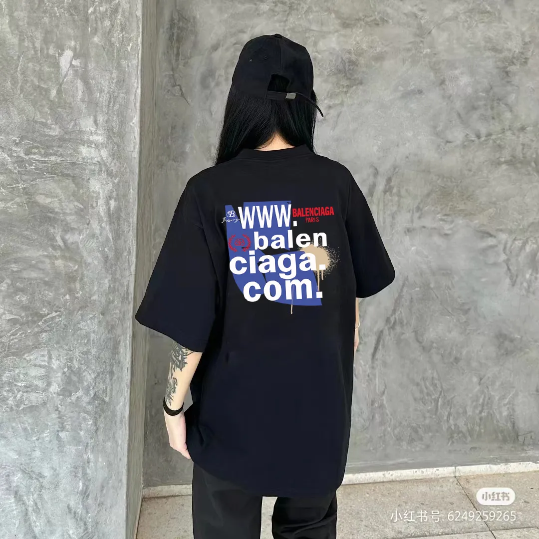 P80✨🔥 BALENCIAGA Paris lettering printed short-sleeved T-shirt, custom-woven and dyed 280g combed cotton heavyweight fabric, zero color difference in thread, perfect details, different from the current version on the market, welcome to compare, Same Style for men and women, must-sell in the picture above Color: White Black Size: 1 2 3 4